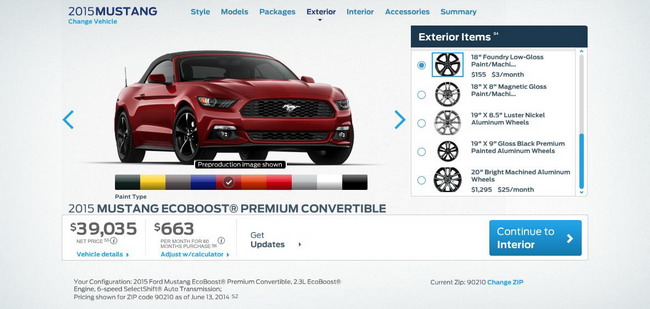 Заработал конфигуратор Ford Mustang 2015