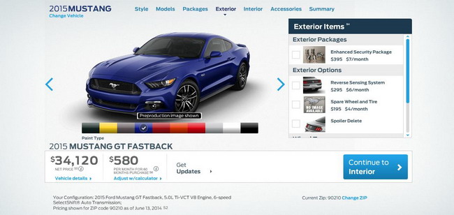 Заработал конфигуратор Ford Mustang 2015